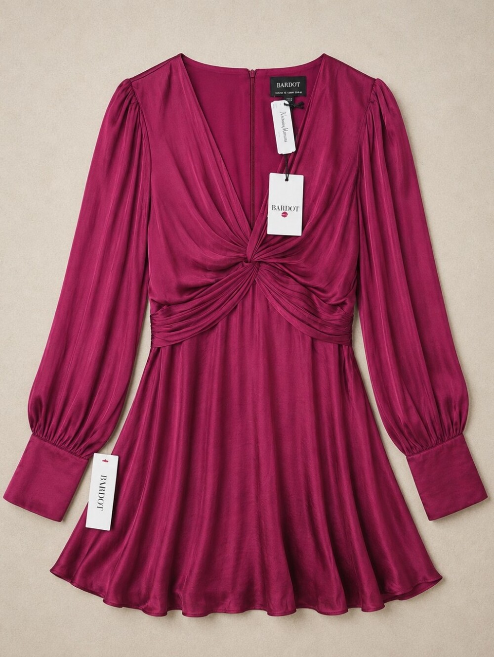 Bardot Claire Mini Dress Merlot Size 8 Medium Twist Front Wedding Guest Flare - Picture 3 of 17